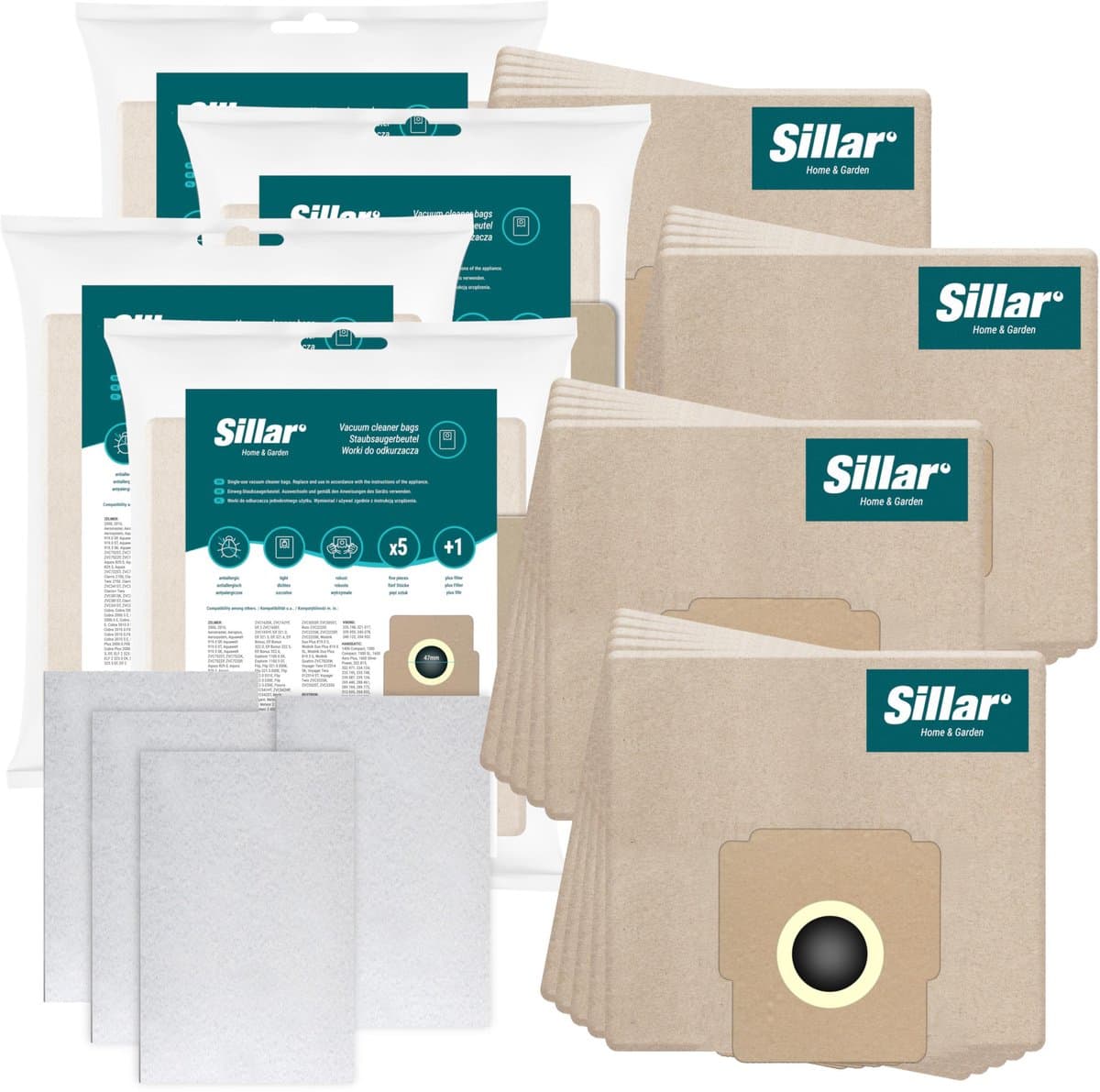 Sillar, Set stofzuigerzakken, papier 20 stuks + 4x inlaatfilters, 2 filterlagen, vervangingsonderdeel, geschikt voor stofzuigers Zelmer Elf Cobra Meteor Odyssey — afbeelding 1