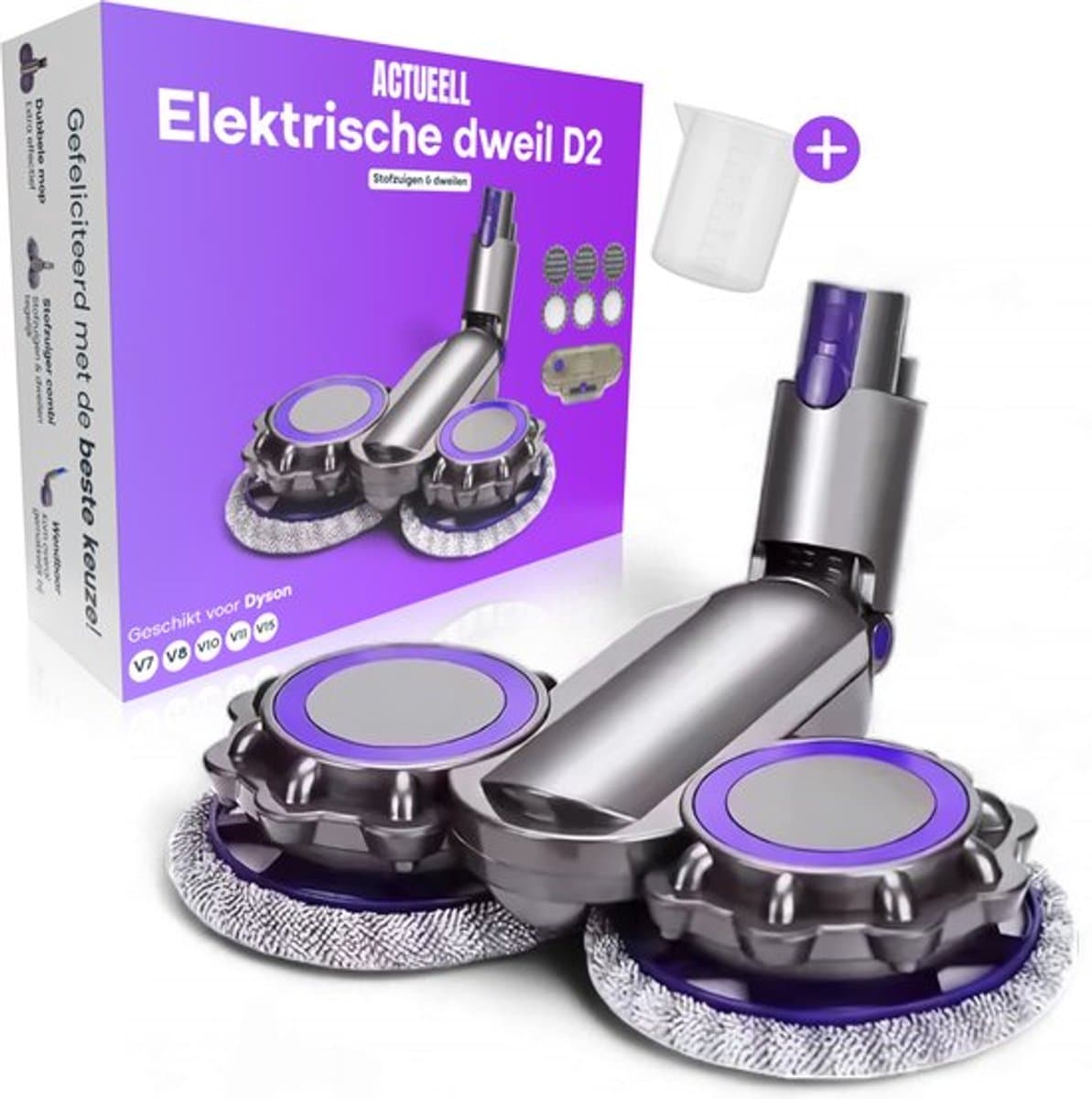 Actueell® Elektrische Opzetstuk D2 Geschikt voor Dyson Steelstofzuiger V7 V8 V10 V11 V15 – Mop Dweil Vloerwisser – Stofzuigermond – Vloermop – Nat & Droog – Inclusief 8 Dweil Pads — afbeelding 1