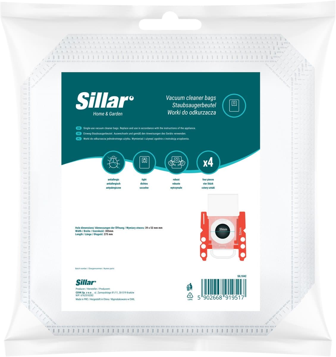 Sillar Stofzuigerzakken synthetisch - anti-allergeen - 5 filterlagen - vervanging voor BBZ41FGALL - geschikt voor stofzuigers Bosch GL30 GL45 GL50 GL80 Serie 2 4 6, Siemens - 4 stuks — afbeelding 1