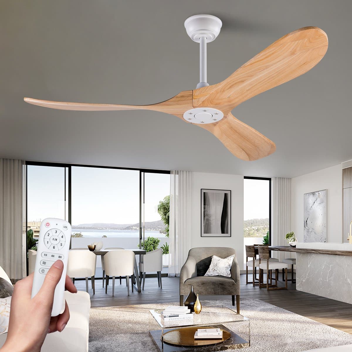 MIVRAY Plafondventilator 52 Inch Met 3 Houten Bladen Propellerdesign Zonder Verlichting Wit Natuurlijk Hout Voor Woonkamer En Slaapkamer — afbeelding 1