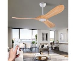 MIVRAY Plafondventilator 52 Inch Met 3 Houten Bladen Propellerdesign Zonder Verlichting Wit Natuurlijk Hout Voor Woonkamer En Slaapkamer