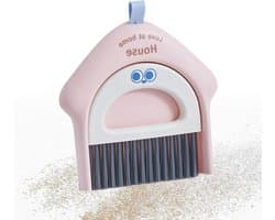 Bezem Stofblik Set - Schoonmaak Gereedschap - Bureau Reinigen - Compact Opvouwbaar - 18.5x17cm - Roze