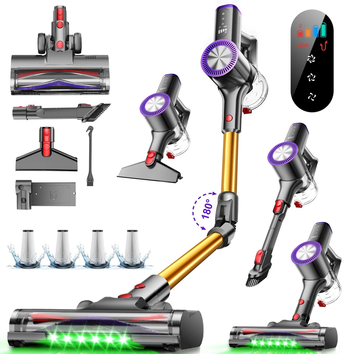Hiazurm Steelstofzuiger Draadloos - 70 min Gebruikstijd - 50000 Pa - Buigbare Steel - 2-in-1 Kruimeldief - OLED-display - 1,6L - Goud — afbeelding 1