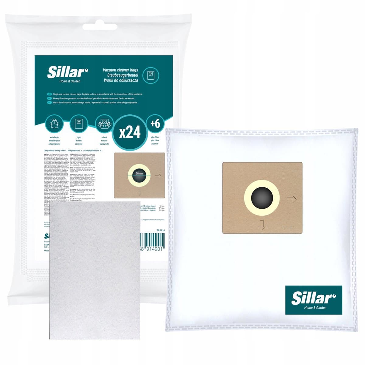 Sillar, set stofzuigerzakken 24stk, syntetish, met 6x inlaatfilters, 3 filterlagen, vervangingsonderdeel, geschikt voor stofzuigers van AEG, Amica, Bosch, Karcher, LG, Philips, Zelmer — afbeelding 1