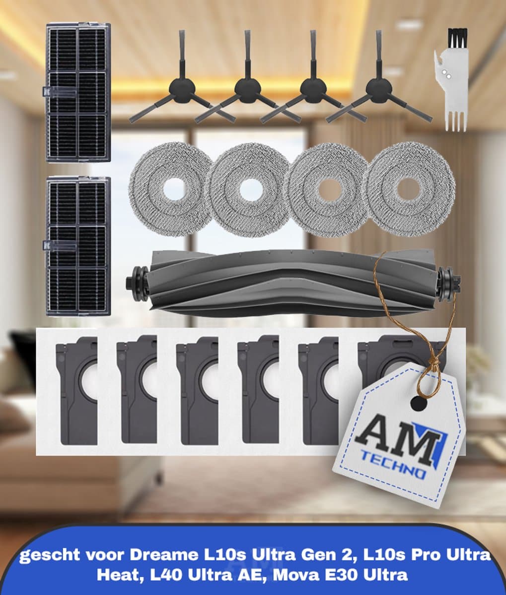 Accessories Kit gescht voor Dreame L10s Ultra Gen 2, L10s Pro Ultra Heat, L40 Ultra AE, Mova E30 Ultra Robotstofzuiger, 1 Hoofdborstel, 2 HEPA-Filters, 4 Zijborstels, 4 Dweildoeken, 6 Stofzakken — afbeelding 1