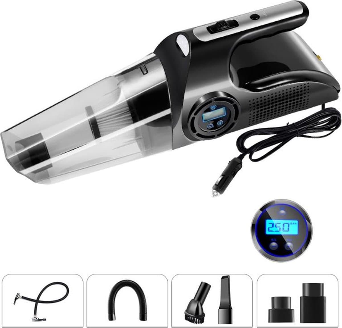4 In 1 Autoband Inflator Stofzuiger Digitaal Scherm Luchtcompressor Pomp - Luchtpomp Auto, Fiets, Motor & Draagbare Auto Stofzuiger Digitale Display - Nat en Droog — afbeelding 1