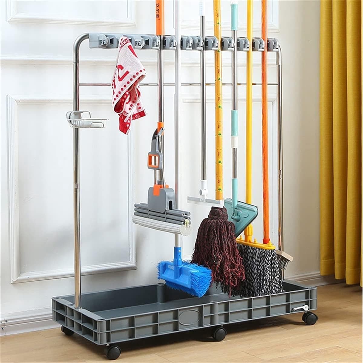 Bezem Dweilhouder - Reinigingskar - Gereedschap Opslag - Roestvrij Staal - 115 cm Hoog - Zilver — afbeelding 1
