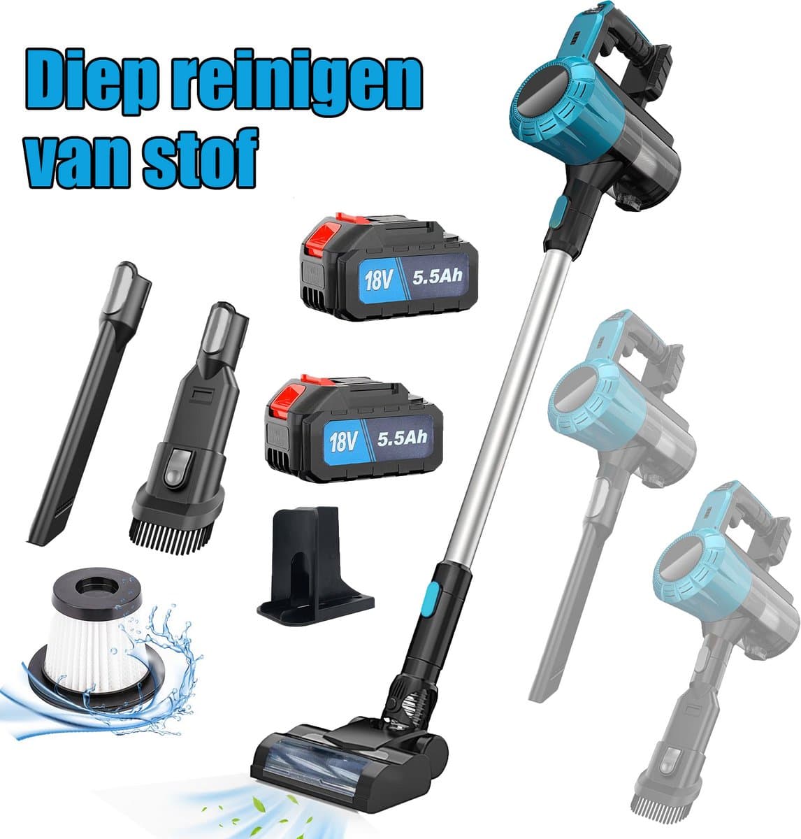 3-in-1 draadloze stofzuiger – 18V – Lichtgewicht – 2 oplaadbare lithium-ion accu's – Voor tapijt, huisdierharen en harde vloeren – Stofzuiger staand & hand — afbeelding 1