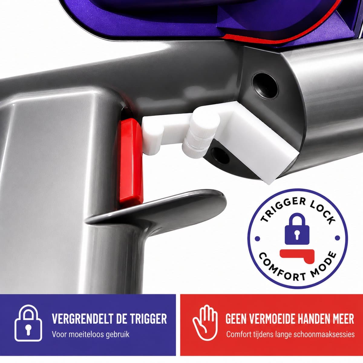 Trigger Vergrendeling Geschikt voor Dyson V10 – Trigger Lock voor Steelstofzuiger – Handvrij Stofzuigen – Ergonomische Triggerhouder – Eenvoudige Montage – Wit — afbeelding 1
