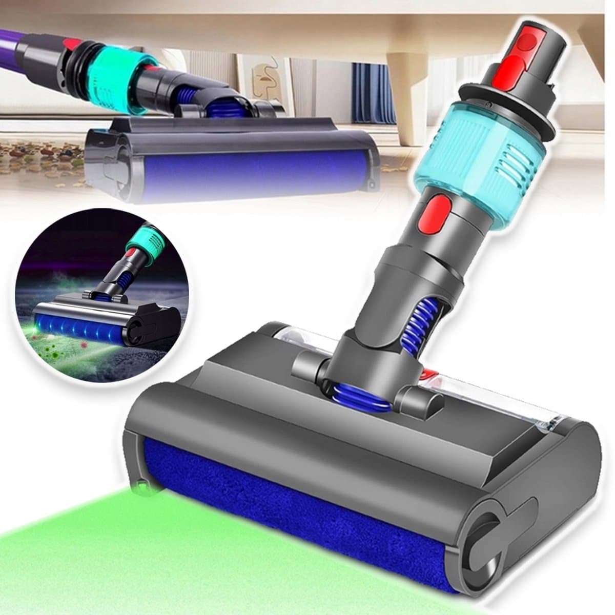 Stofzuigerborstel Met Groene LED-Verlichting – Geschikt Voor Dyson V7 V8 V10 V11 V15 – Anti-Klit Nylon Borstelharen En Wasbaar – Ideaal Voor Dierenharen En Stof Op Harde Vloeren — afbeelding 1