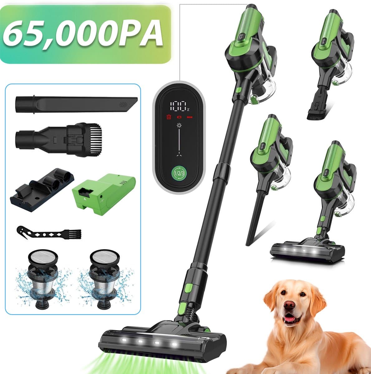 Grenintol Steelstofzuiger - 8 in 1 Steelstofzuiger Draadloos - Zelfstaande Stofzuiger Zonder Zak - 300W/2200 mAh Accu - 55 Minuten - 1,2 L Stofbak - voor Tapijten en Harde Vloere - 65,000PA - Groente — afbeelding 1