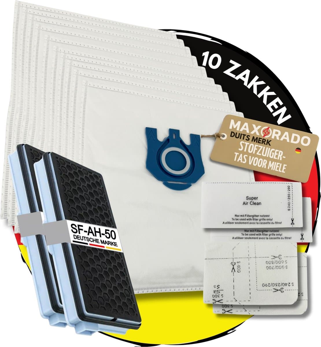 Maxorado Stofzuiger Set 16-delig - 10 zakken + 2 Hepa + Uitblaas + 2 Motor Filter - geschikt voor Miele C3, C2, S8340, S8430, S8310, S8360, S8, S5, S5211, S5210, S8460 — afbeelding 1