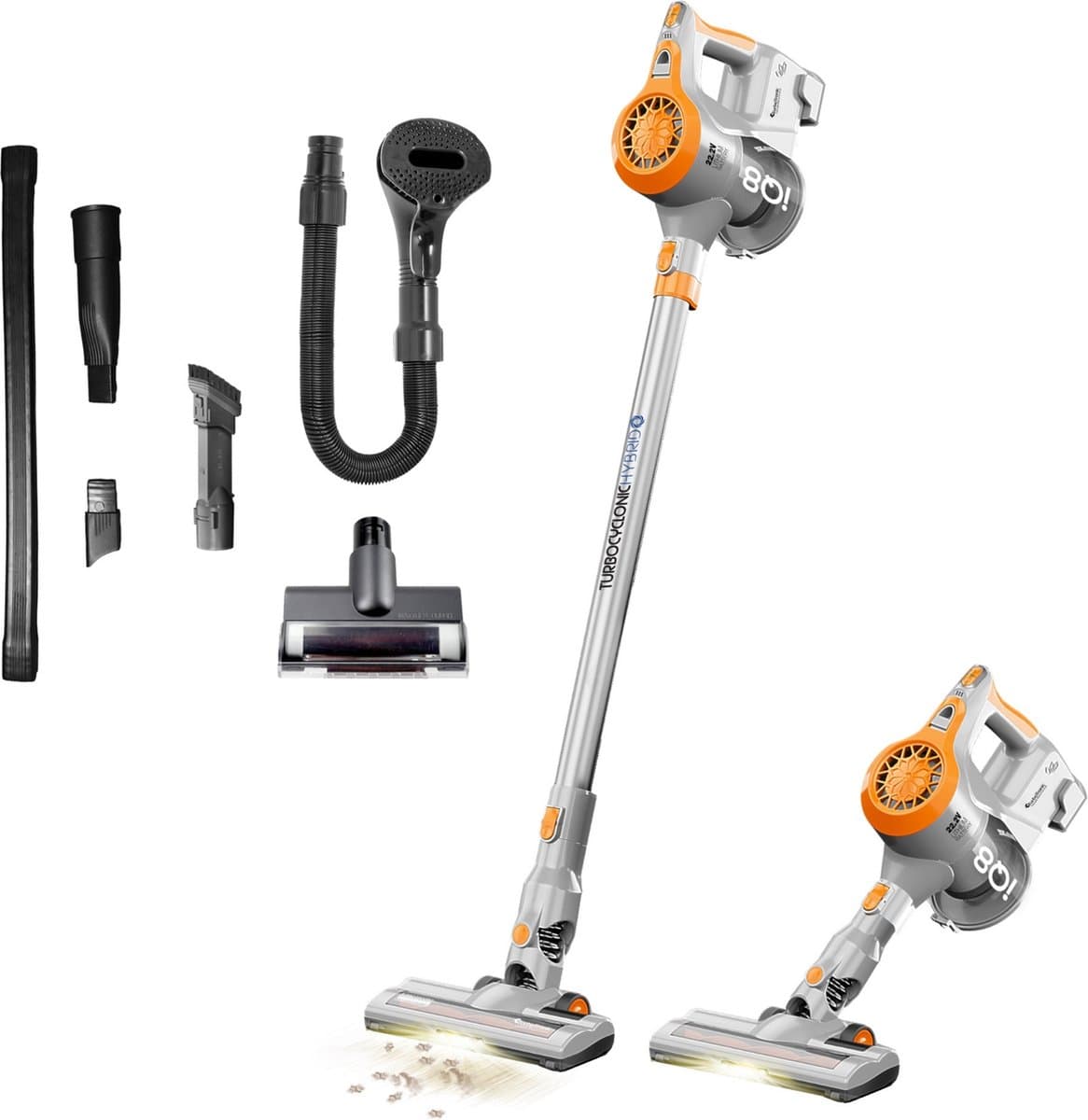 TurboTronic IQ8 steelstofzuiger draadloos - Zonder zak op accu - met kruimeldief en accessoires - Zilver/Oranje — afbeelding 1