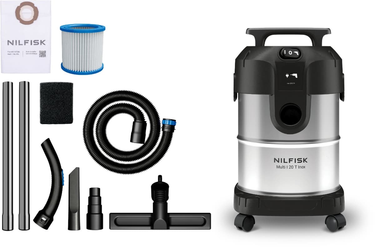 Nilfisk Multi I 20 T Inox Nat- en Droogzuiger - 1100W - 20L RVS Alleszuiger - L-Klasse Stofzuiger met Stopcontact voor Elektrisch Gereedschap & Blaasfunctie — afbeelding 1