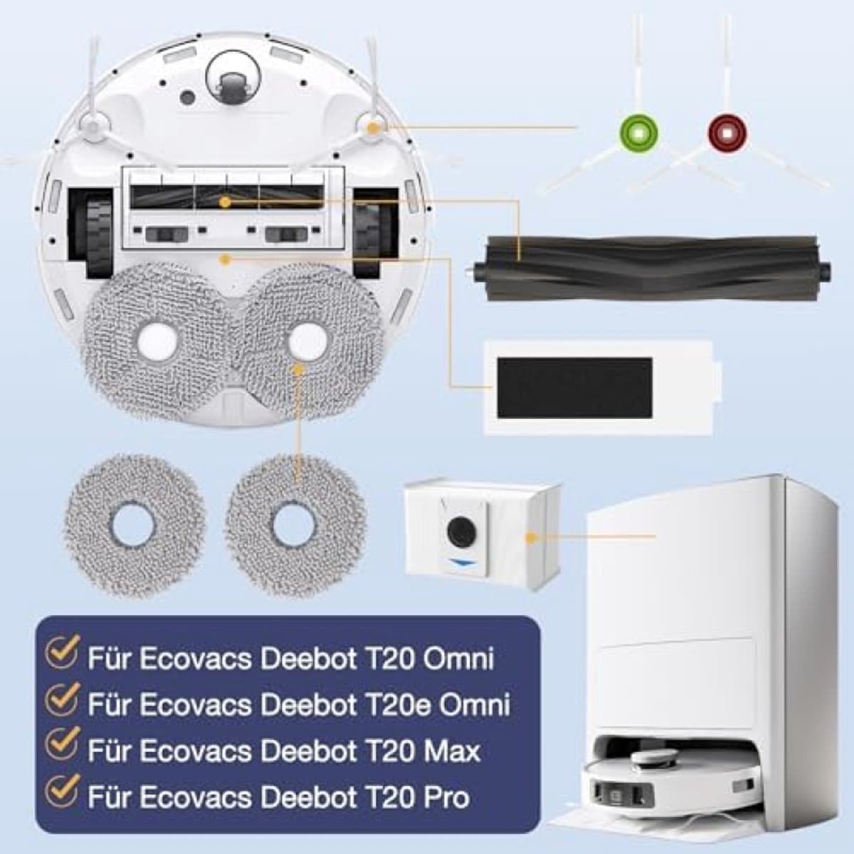 20 stuks accessoires voor Ecovacs Deebot T20 Omni / T20e Omni / T20 Max / T20 Pro robotstofzuiger, 1 hoofdborstels, 4 reinigingsdoeken, 4 Hepa-filters, 4 stofzakken, 6 zijborstels, accessoireset voor — afbeelding 1