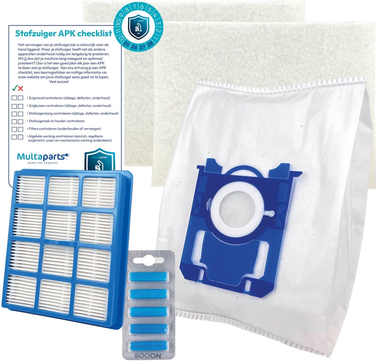 Multaparts® stofzuiger-APK set geschikt voor Philips Performer Active | Complete onderhoudsset met stofzuigerzakken type S-BAG (10 x), motorfilter (2 x), HEPA filter, geursticks (5 x) APK-checklist & APK-sticker | Maak je stofzuiger als nieuw — afbeelding 1