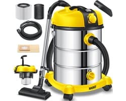 MASKO® industriële stofzuiger nat-droog roestvrij staal 2300W + stopcontact | blaasfunctie | droog en nat zuigen | Push&Clean | industriële stofzuiger met en zonder zak | zakloos - Geel