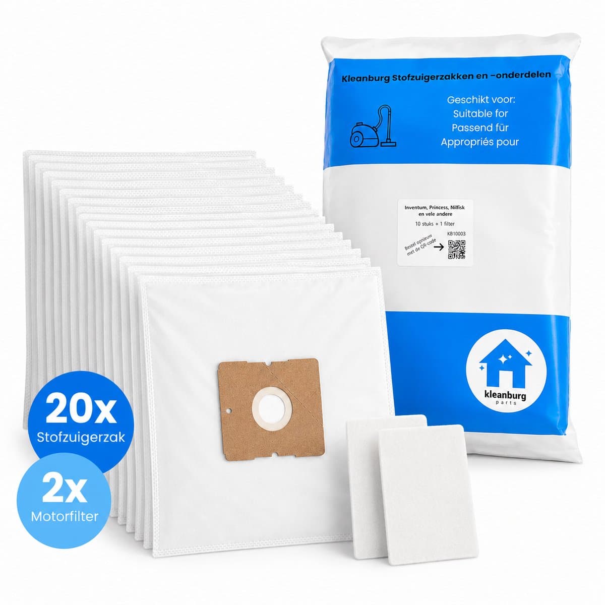 Kleanburg stofzuigerzakken geschikt voor Nilfisk Coupe en Nilfisk One | 20 stuks + 2 motorfilters | Microfiber stofzakken — afbeelding 1