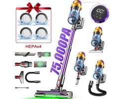 Hiaonyx steelstofzuiger - 9-in-1 steelstofzuiger draadloos - 75000pa - Met dierenborstel - LED Groene Stofdetectielamp - Dierenharen - Geschikt voor Tapijten - Harde Vloeren en Dierenharen - 2-liter stofopvangbox - Paars