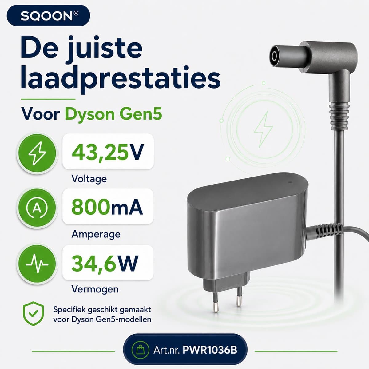 SQOON® Lader geschikt voor Dyson Gen5 stofzuiger 43,25V 800mA - Gelijk aan 972408-03 — afbeelding 1