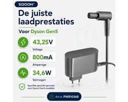 SQOON® Lader geschikt voor Dyson Gen5 stofzuiger 43,25V 800mA - Gelijk aan 972408-03