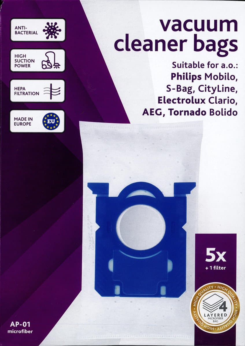 Vacustock stofzuigerzakken - Philips Mobilo, S-BAG, Cityline - Electrolux Clairio, AEG, Tornado Bolido - doos 5 zakken en 1 filter — afbeelding 1