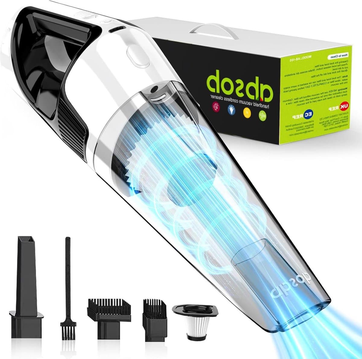 Handstofzuiger met LED-licht en 2 filters voor in de auto - oplaadbare draadloze elektrische stofzuiger - wit — afbeelding 1