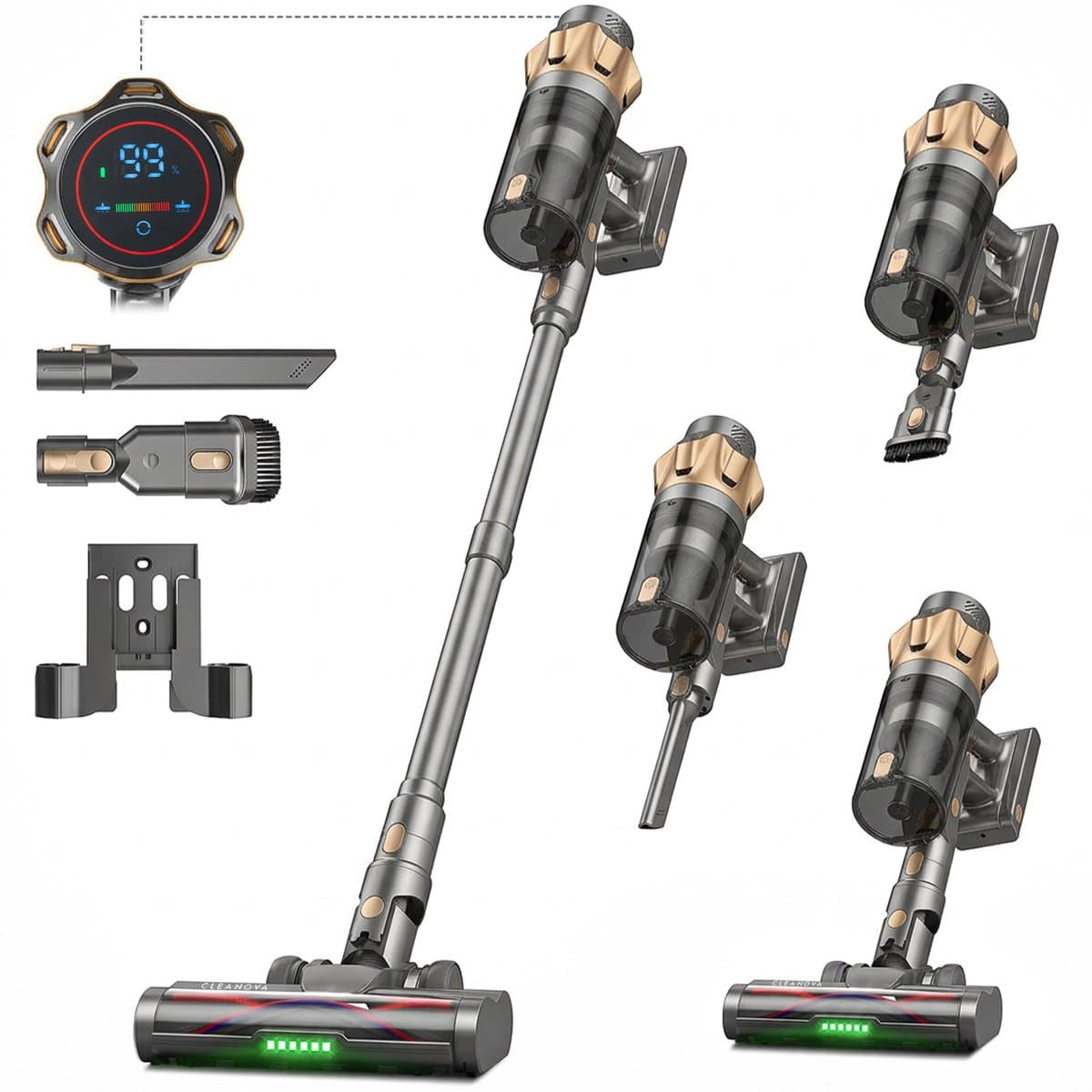 Cleanova Steelstofzuiger draadloos - 45000PA - 500W - 60 minuten - Display - kruimeldief - zonder zak - Groen verlichting - muurbevestiging — afbeelding 1