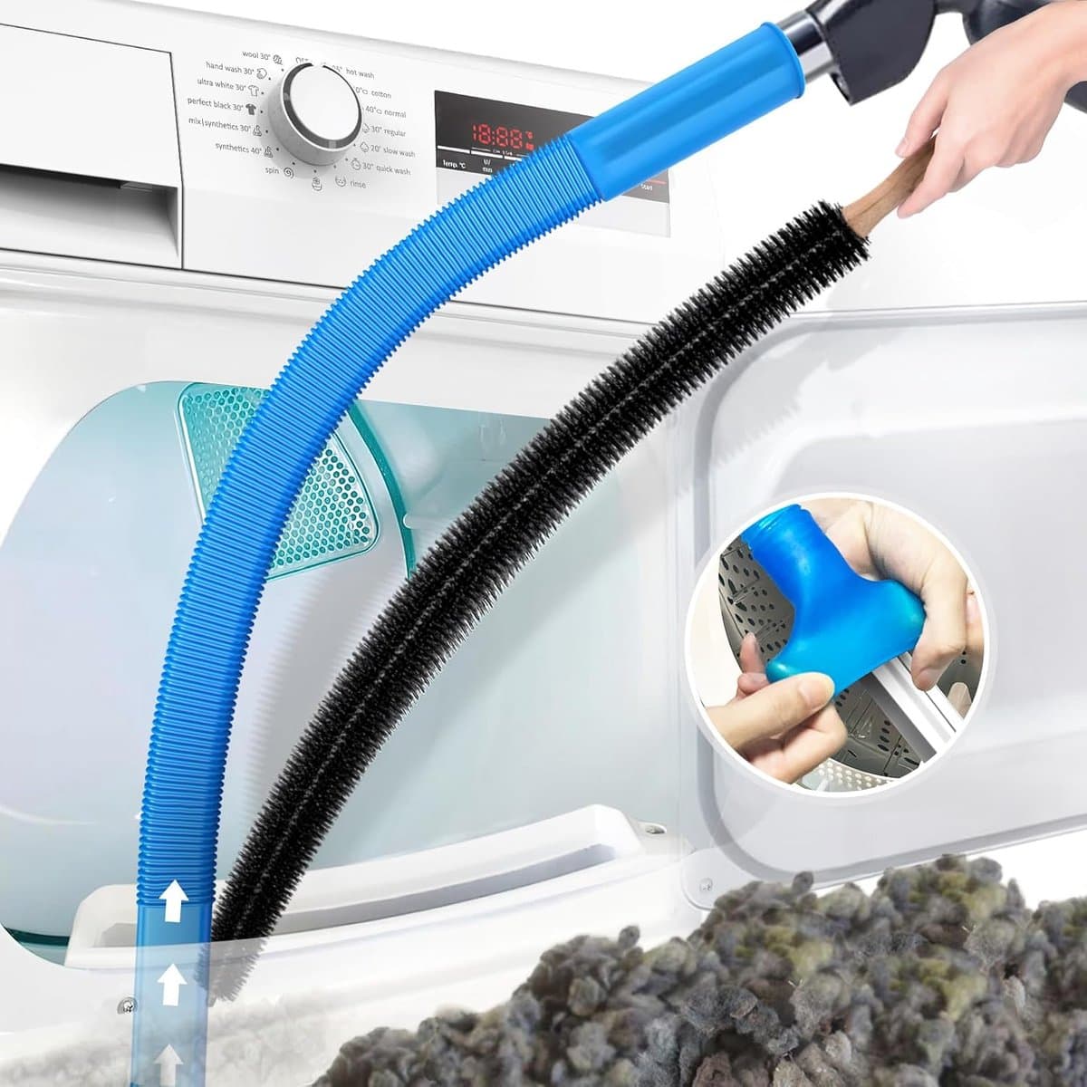 2-delige drogerventilatiereinigingsset, compatibel met alle stofzuigers, drogerpluizenborstel en stofzuigerslang met uittrekbare universele connector voor snelle pluisverwijdering — afbeelding 1