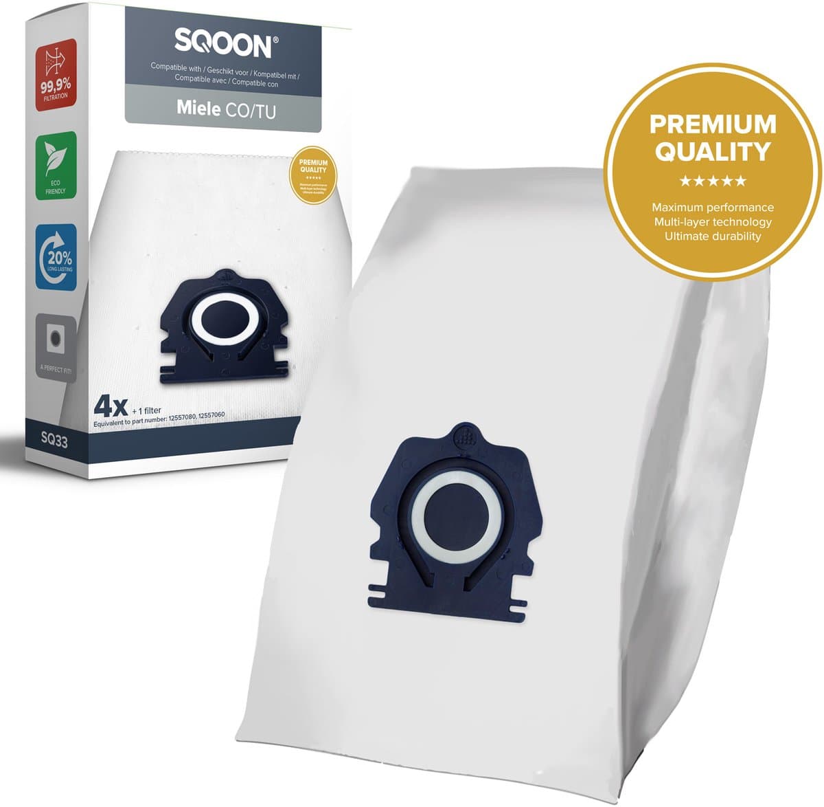 SQOON® Stofzuigerzak geschikt voor Miele S1, M1 en L1 Guard Series - 4 stuks - Gelijk aan model: CO / TU - High Filtration - + 1x uitblaasfilter — afbeelding 1
