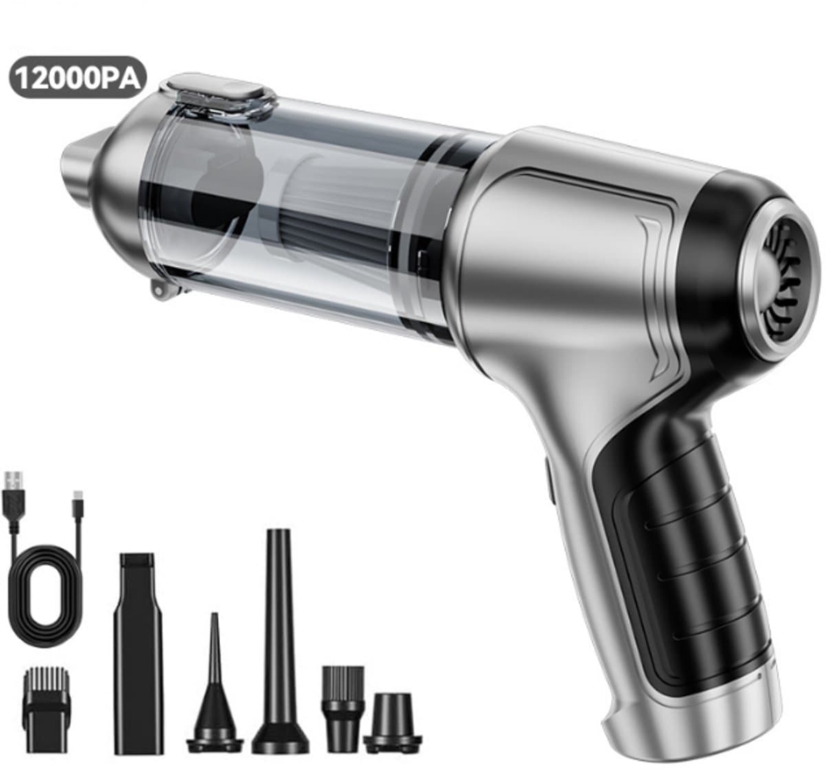 Draadloze Handstofzuiger Voor De Auto - Draagbare Oplaadbare Mini Autostoofzuiger - Zwart - 7 Opzetstukken - 12000Pa — afbeelding 1