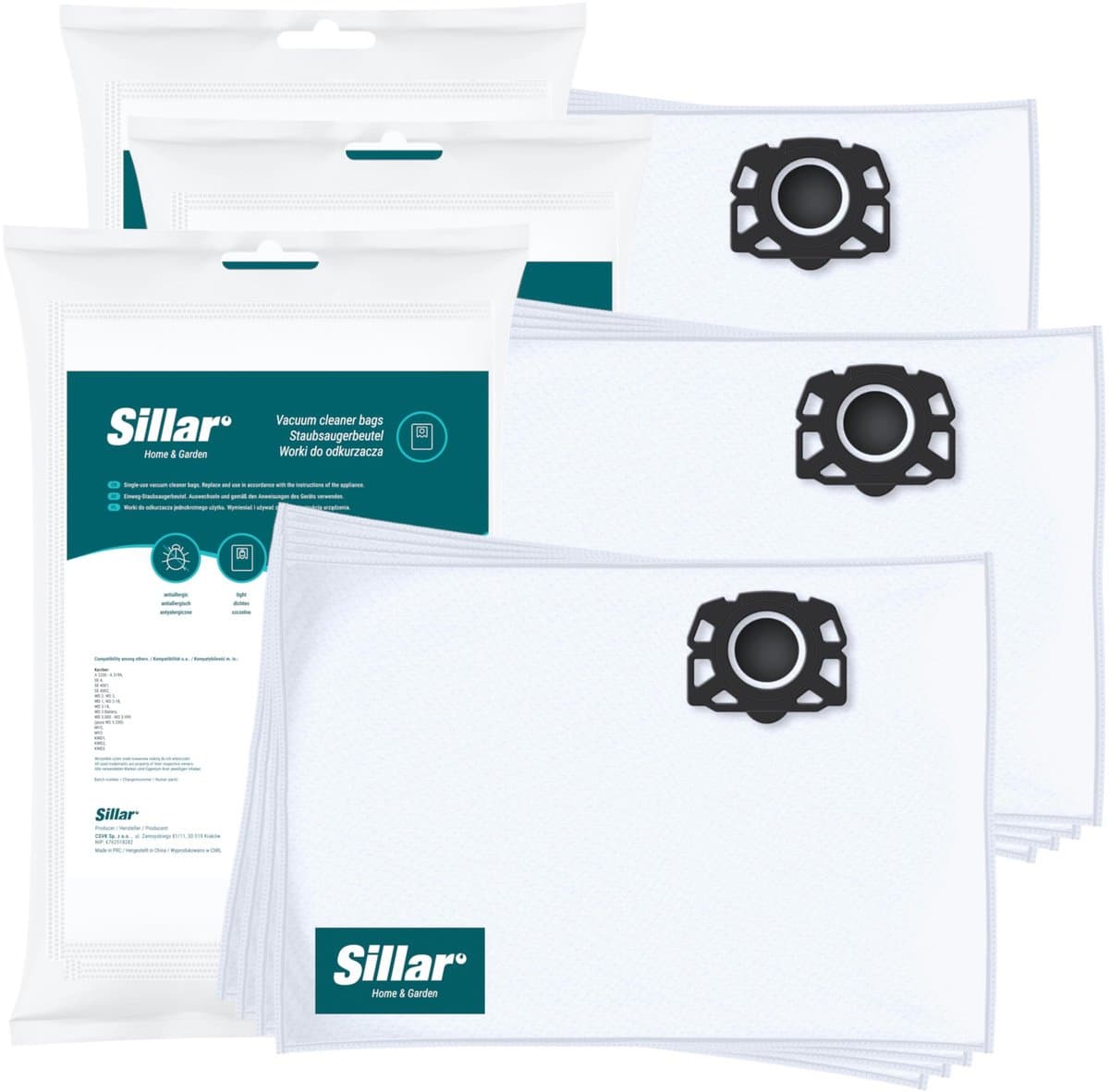 Sillar, stofzuigerzakken synthetisch - anti-allergeen, vervanging voor 6.959-130.0 2.863-314.0 KFI 357 - geschikt voor stofzuigers Karcher WD1 WD2 WD3 WD3.200 KWD1 KWD2 KWD3 SE4 SE4001 SE4002 - 12 stuks — afbeelding 1