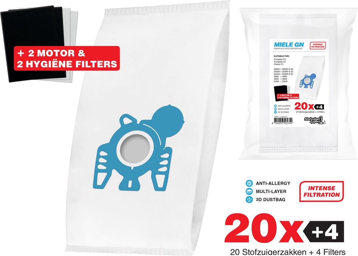 20x Miele Stofzuigerzakken GN - 3D stofzakken + 2x Filter sets - 2 Hygiëne en 2 Motor filters meegeleverd! Premium kwaliteit - Multi lagen - Anti Allergie -Geschikt voor o.a. Miele C3, C2, S8, S5, S2, S8000, S5000, S200, S800, S600, S400 — afbeelding 1