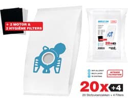 20x Miele Stofzuigerzakken GN - 3D stofzakken + 2x Filter sets - 2 Hygiëne en 2 Motor filters meegeleverd! Premium kwaliteit - Multi lagen - Anti Allergie -Geschikt voor o.a. Miele C3, C2, S8, S5, S2, S8000, S5000, S200, S800, S600, S400