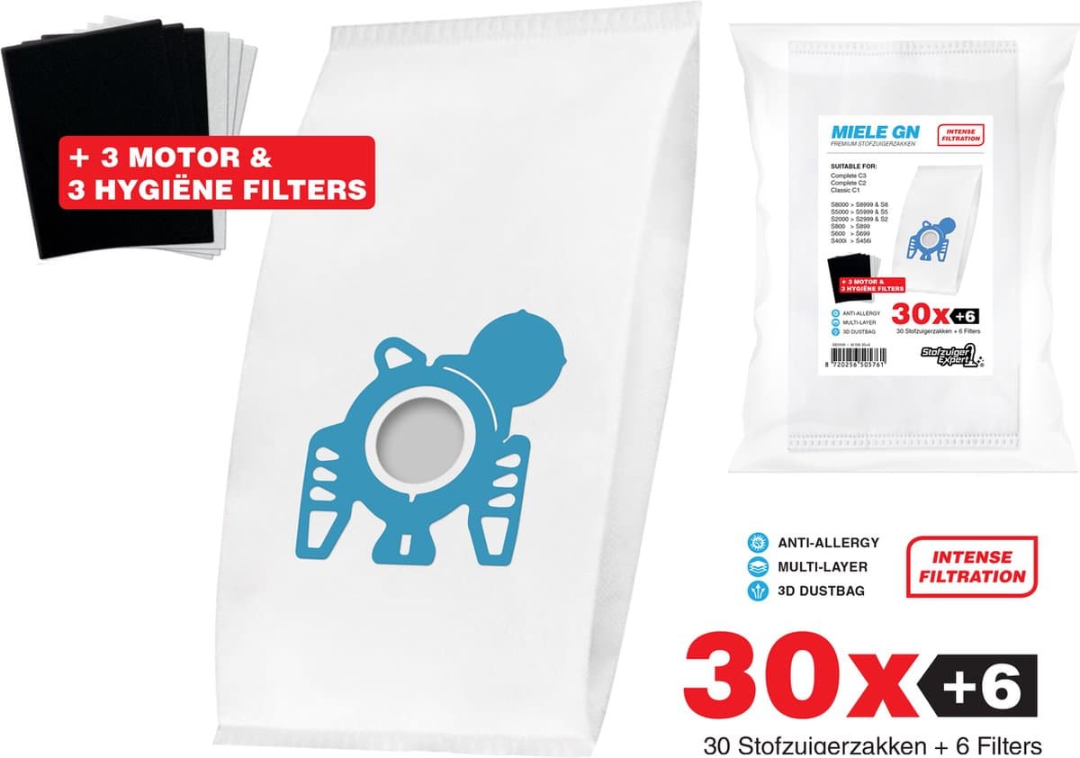 30x Miele Stofzuigerzakken GN - 3D stofzakken + 3x Filter sets - 3 Hygiëne en 3 Motor filters meegeleverd! Premium kwaliteit - Multi lagen - Anti Allergie -Geschikt voor o.a. Miele C3, C2, S8, S5, S2, S8000, S5000, S200, S800, S600, S400 — afbeelding 1