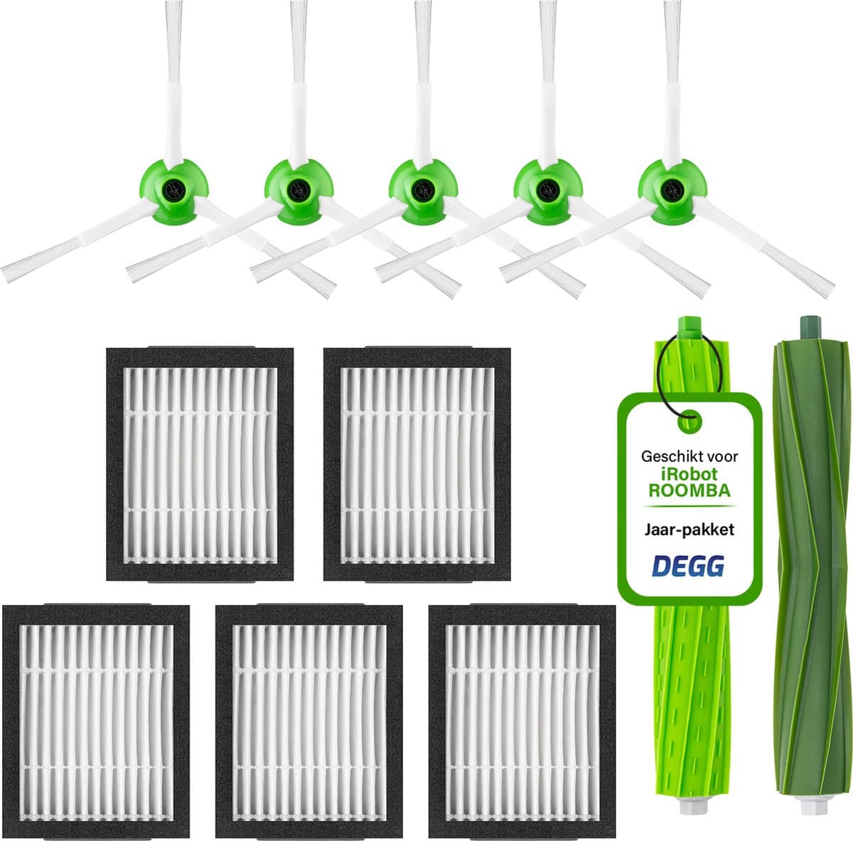 DEGG® - Vervangingsset Geschikt voor iRobot Roomba - i7 i7+ i1 i1+ i3 i3+ i4 i4+ i5 i5+ i6 i6+ i8 i8+ e5 e6 e7 - Geschikt voor iRobot Roomba Onderdelen - 2x Roller, 5x Hepa-filter en 5x Zijborstel - JAARPAKKET — afbeelding 1