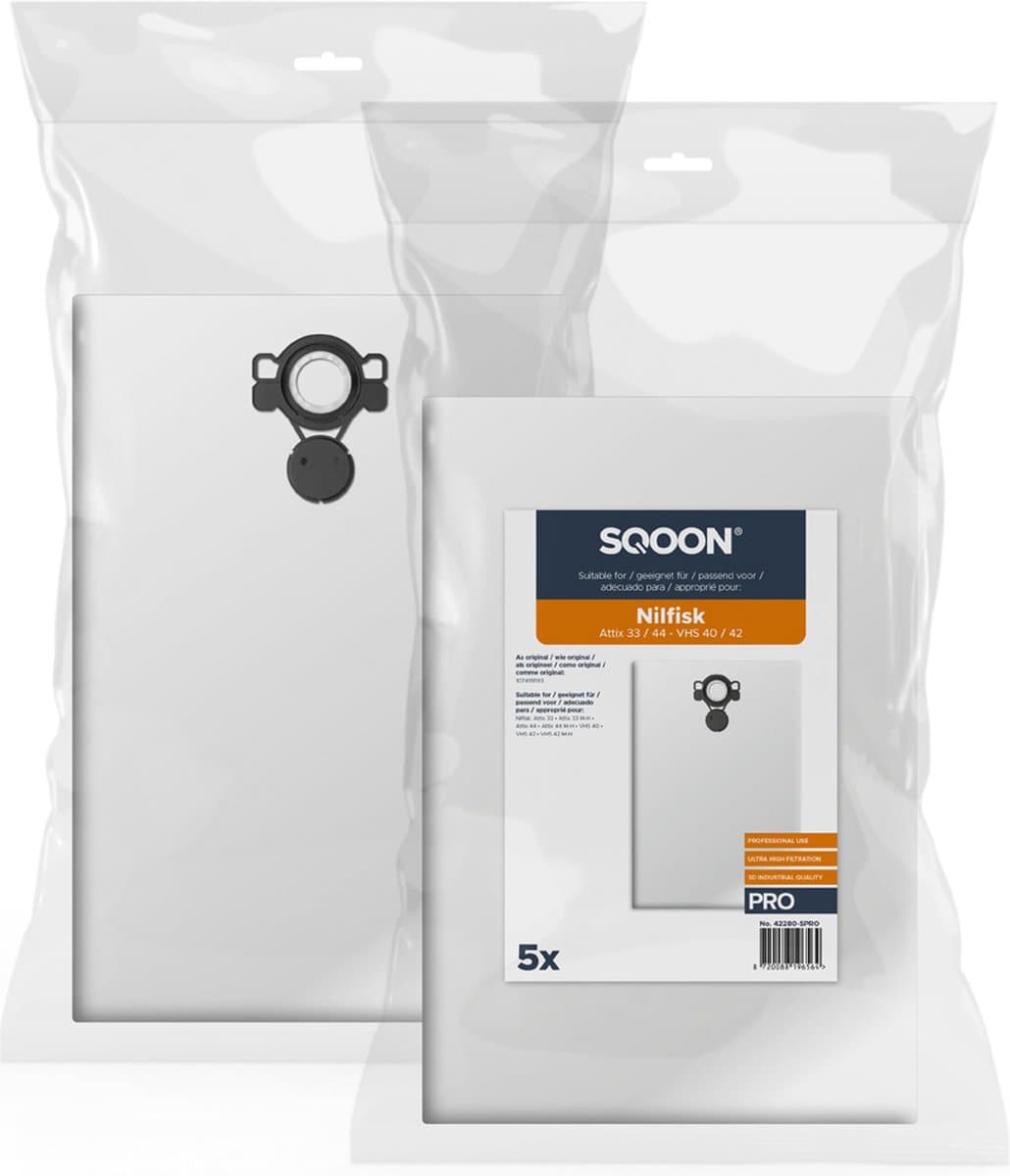 SQOON® Stofzuigerzakken PRO Geschikt voor Nilfisk Attix 33 / 44, VHS 40 / 42 & Makita VC4210 - 5 Stuks — afbeelding 1