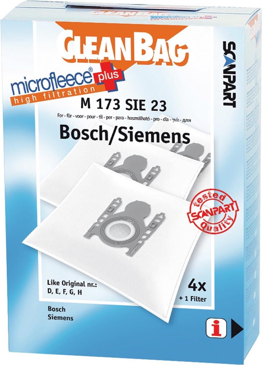 CleanBag stofzuigerzakken 4 stuks - Geschikt voor Bosch Siemens - D E F G H - Inclusief 1 filter - Alternatief — afbeelding 1